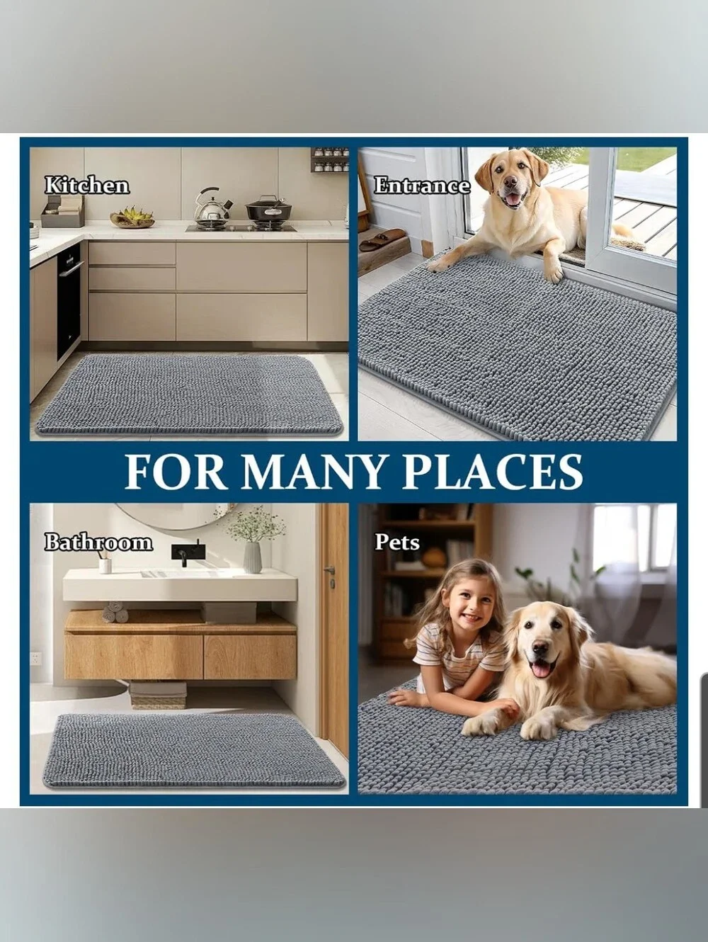 Plush Gray Chenille Bath Mat Traps Dirt – Soft Non-Slip Floor Rug 47x17